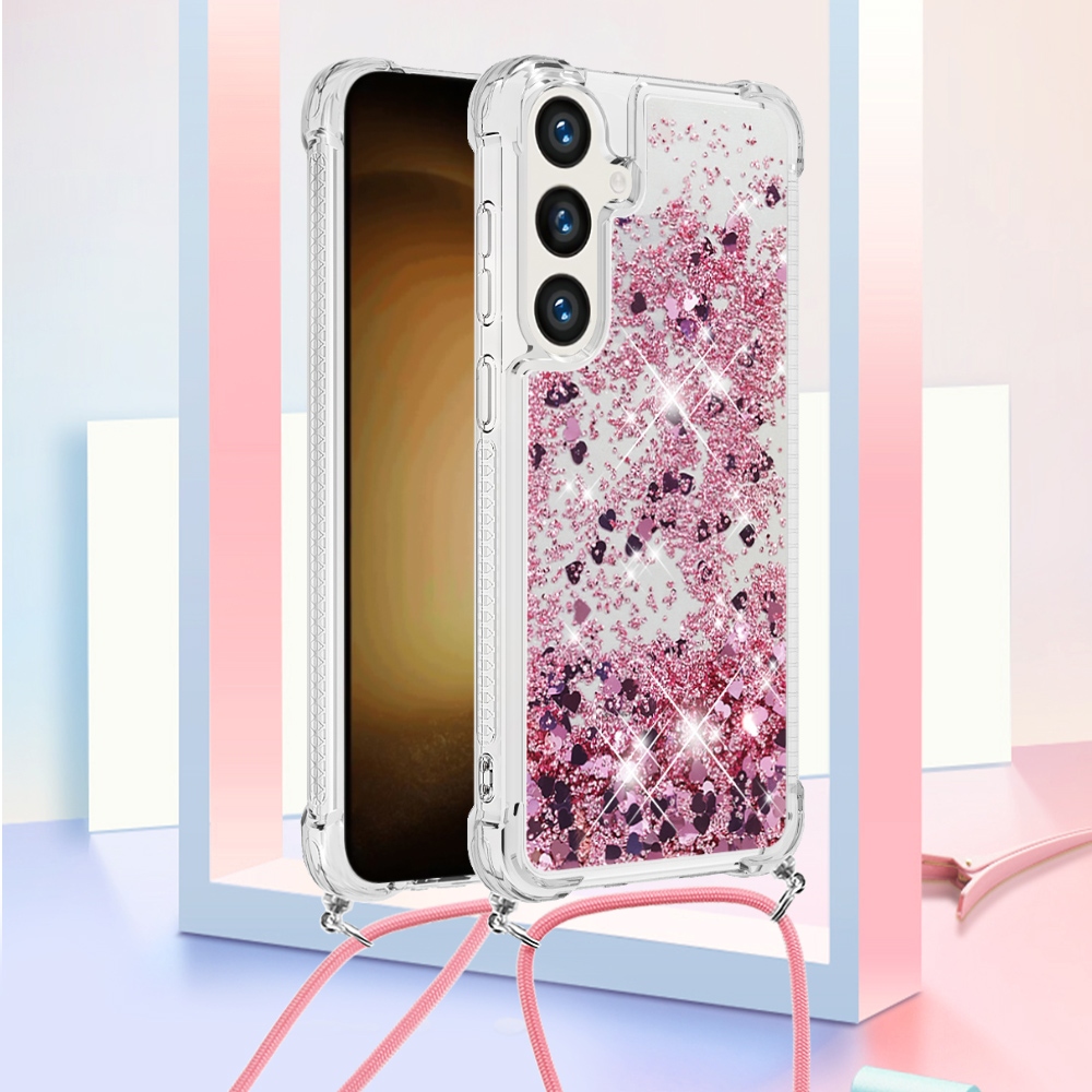 Glitters přesýpací gelový obal se šňůrkou na Samsung Galaxy S26/S26 Pro - růžovozlatý/srdíčka
