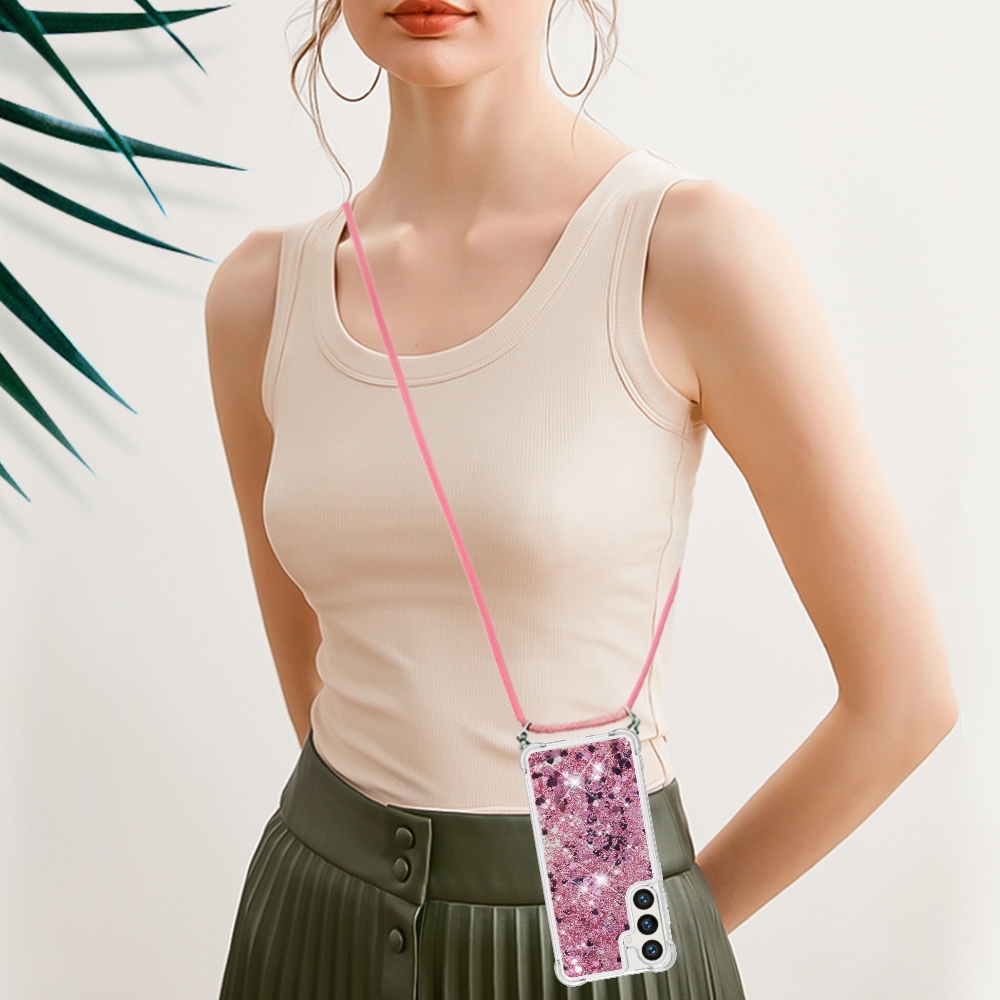 Glitters přesýpací gelový obal se šňůrkou na Samsung Galaxy S26/S26 Pro - růžovozlatý/srdíčka