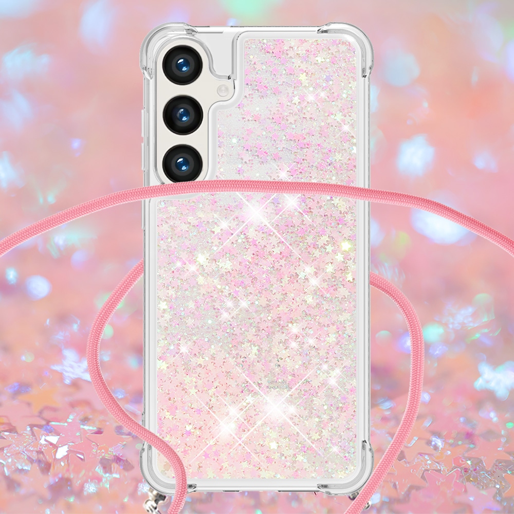 Glitters přesýpací gelový obal se šňůrkou na Samsung Galaxy S26/S26 Pro - růžový/hvězdičky