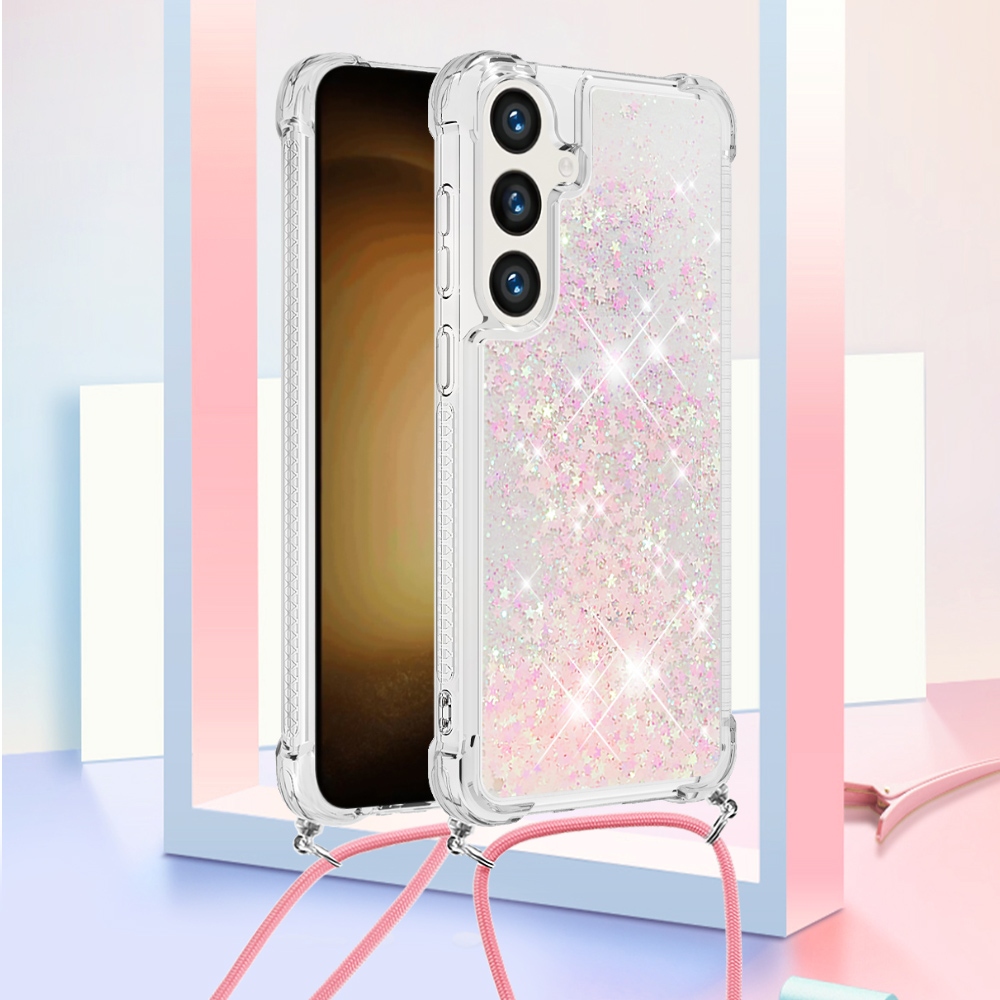 Glitters přesýpací gelový obal se šňůrkou na Samsung Galaxy S26/S26 Pro - růžový/hvězdičky