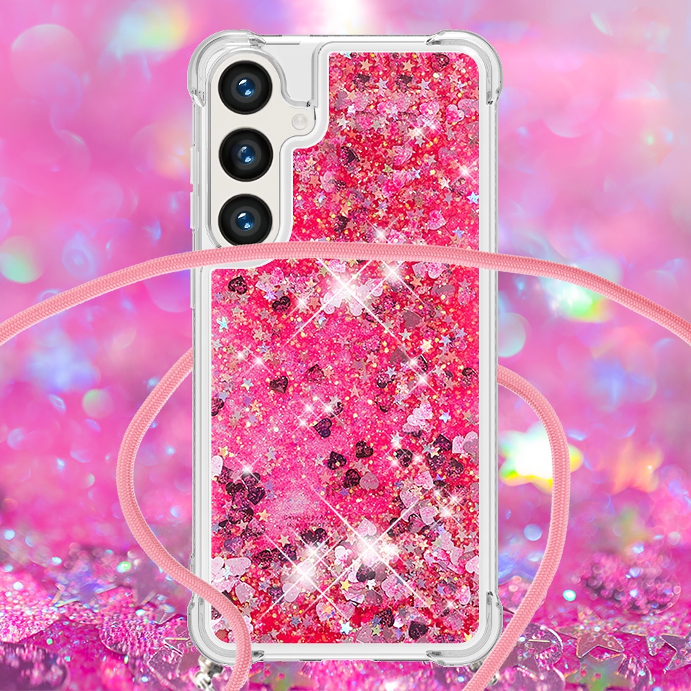 Glitters přesýpací gelový obal se šňůrkou na Samsung Galaxy S26/S26 Pro - růžový/srdíčka