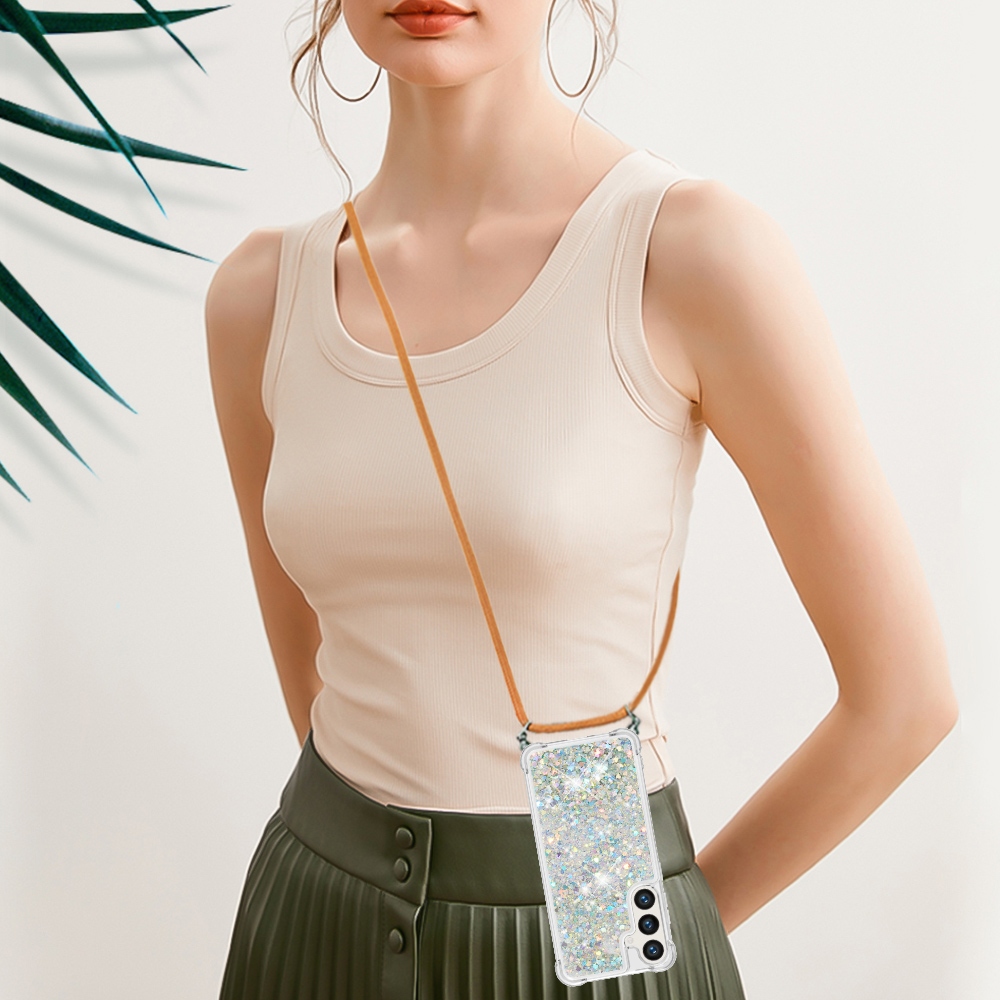 Glitters přesýpací gelový obal se šňůrkou na Samsung Galaxy S26/S26 Pro - stříbrný/srdíčka