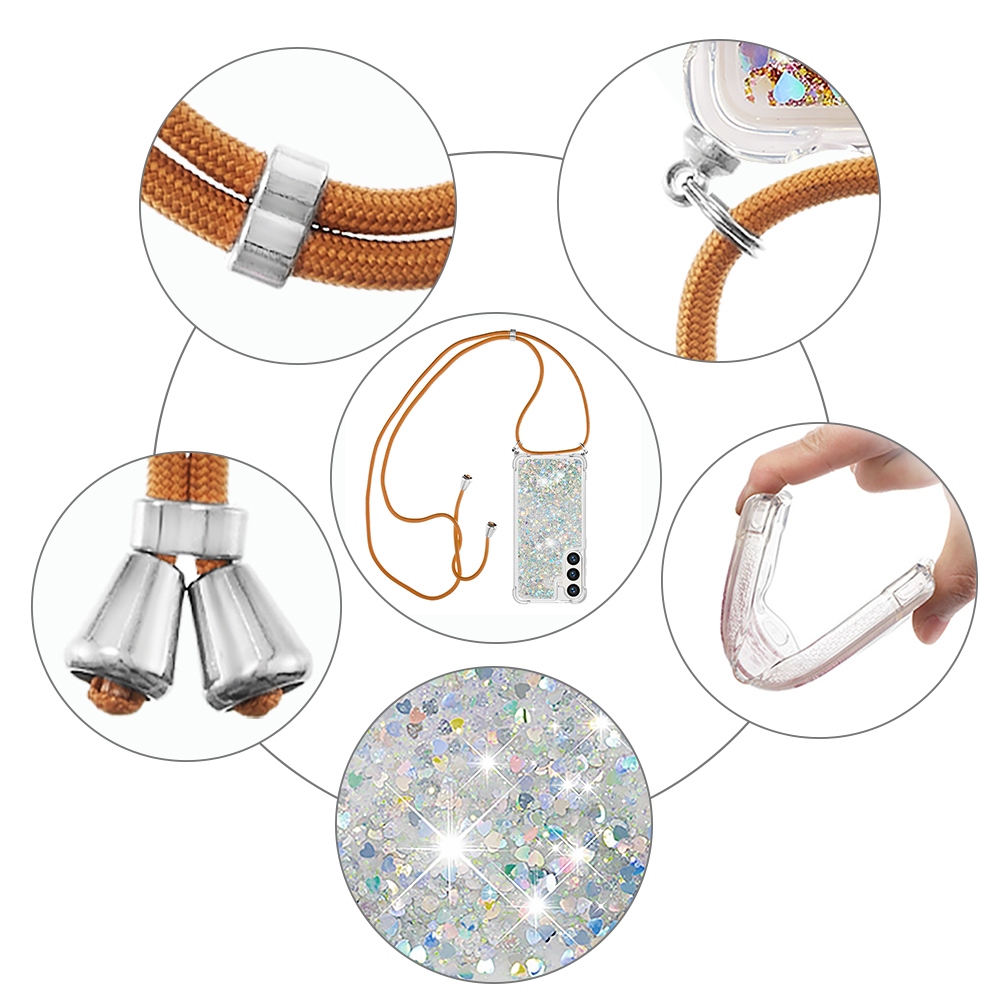 Glitters přesýpací gelový obal se šňůrkou na Samsung Galaxy S26/S26 Pro - stříbrný/srdíčka