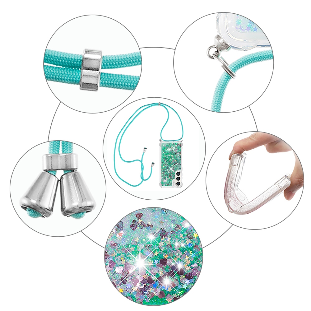 Glitters přesýpací gelový obal se šňůrkou na Samsung Galaxy S26/S26 Pro - zelený/srdíčka