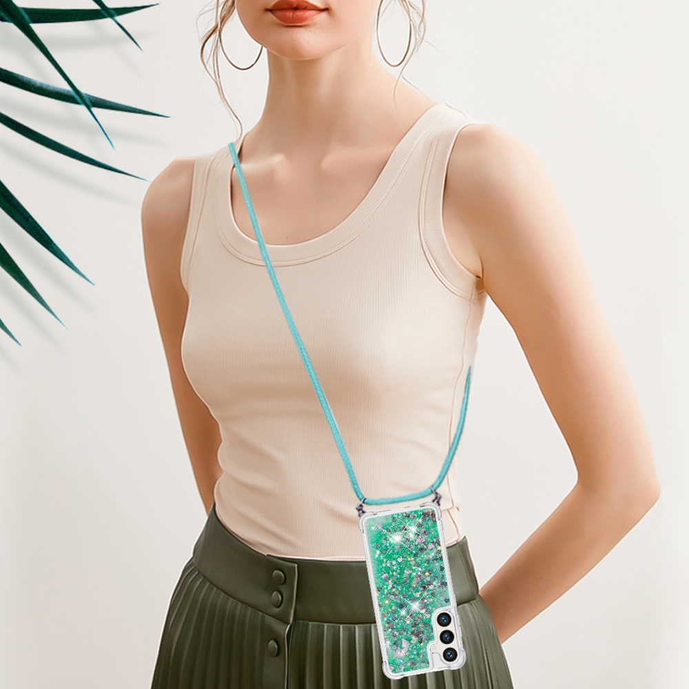 Glitters přesýpací gelový obal se šňůrkou na Samsung Galaxy S26/S26 Pro - zelený/srdíčka