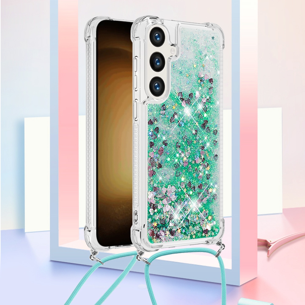 Glitters přesýpací gelový obal se šňůrkou na Samsung Galaxy S26/S26 Pro - zelený/srdíčka
