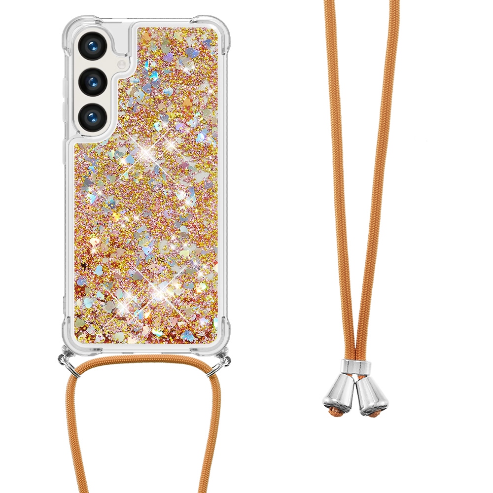 Glitters přesýpací gelový obal se šňůrkou na Samsung Galaxy S26/S26 Pro - zlatý/srdíčka