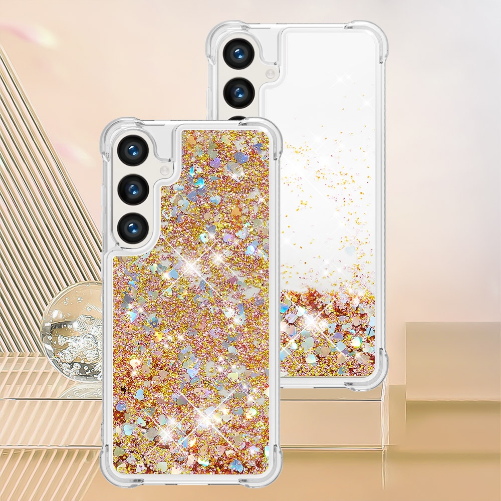 Glitters přesýpací gelový obal se šňůrkou na Samsung Galaxy S26/S26 Pro - zlatý/srdíčka