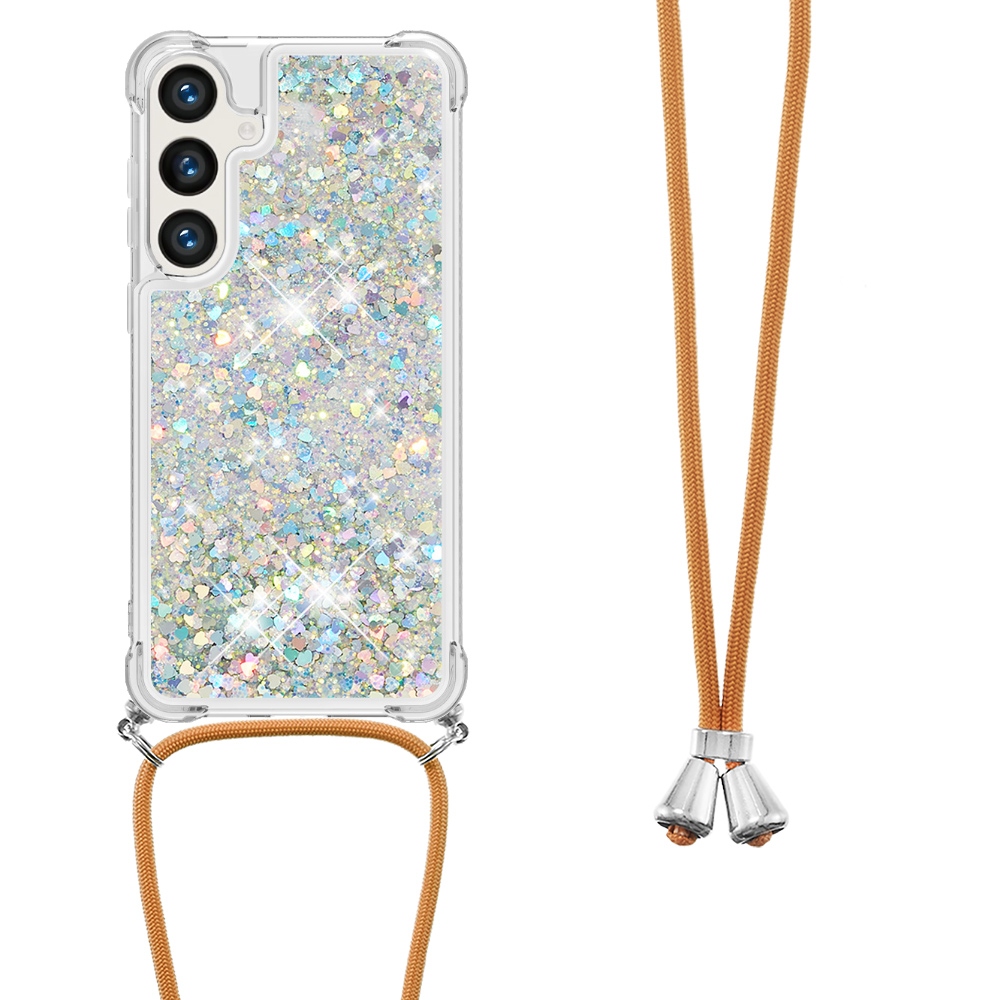 Glitters přesýpací gelový obal se šňůrkou na Samsung Galaxy S26+ - stříbrný/srdíčka