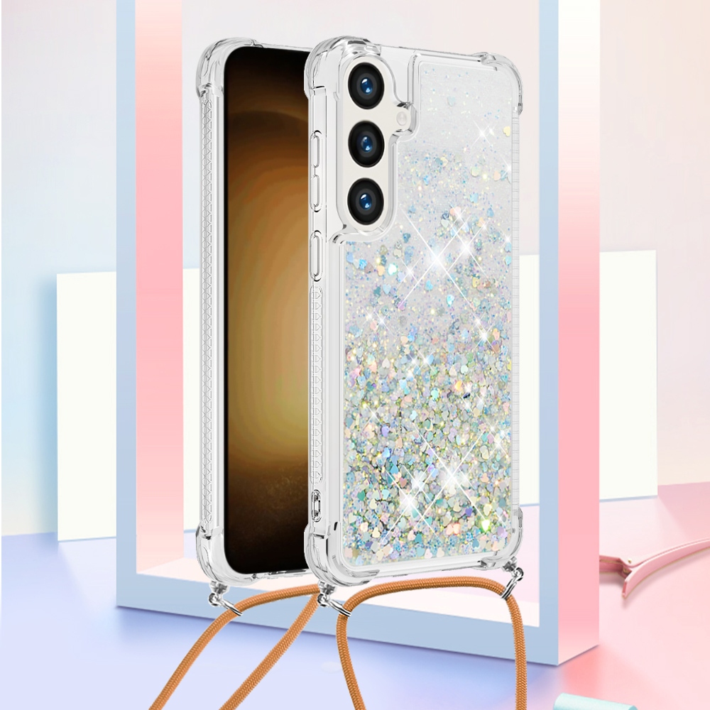 Glitters přesýpací gelový obal se šňůrkou na Samsung Galaxy S26+ - stříbrný/srdíčka