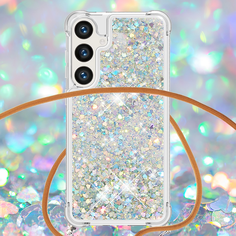 Glitters přesýpací gelový obal se šňůrkou na Samsung Galaxy S26+ - stříbrný/srdíčka