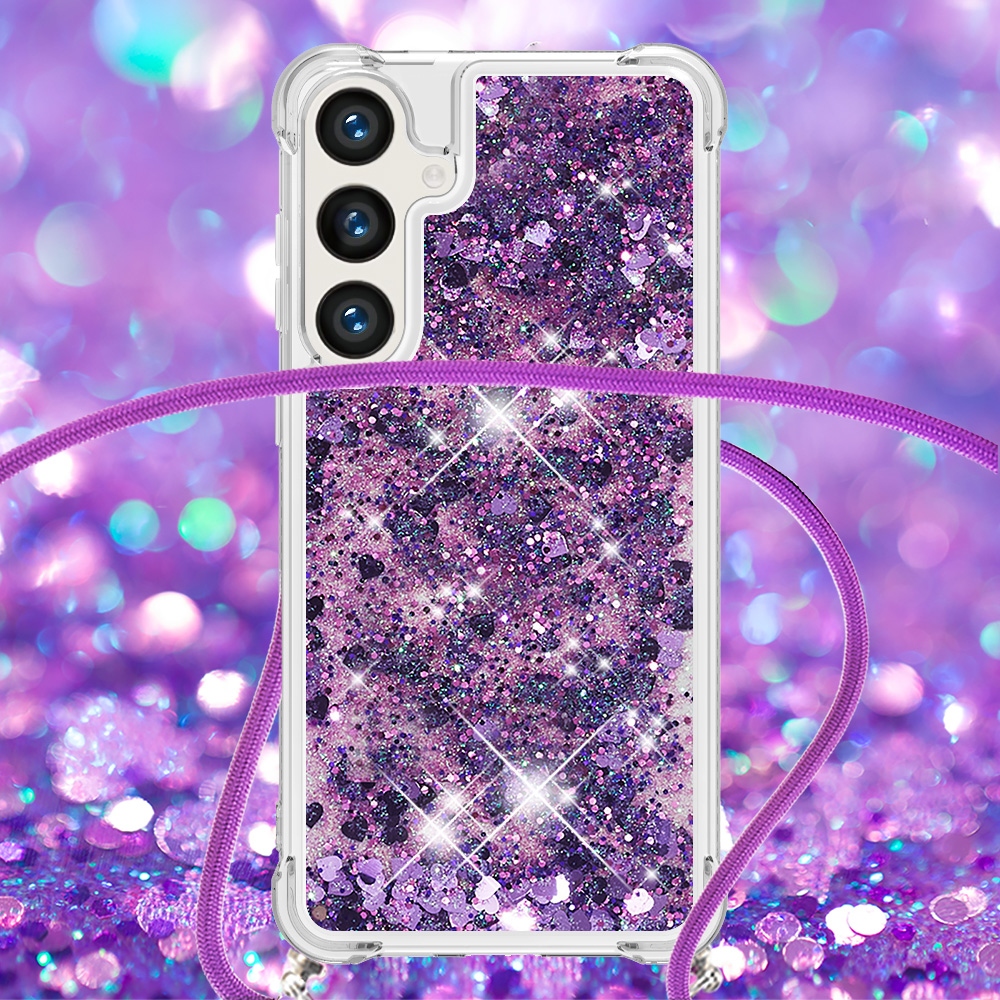 Glitters přesýpací gelový obal se šňůrkou na Samsung Galaxy S26+ - tmavěfialový/srdíčka