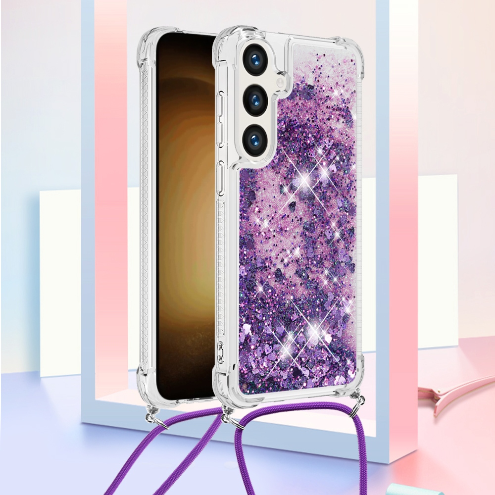 Glitters přesýpací gelový obal se šňůrkou na Samsung Galaxy S26+ - tmavěfialový/srdíčka