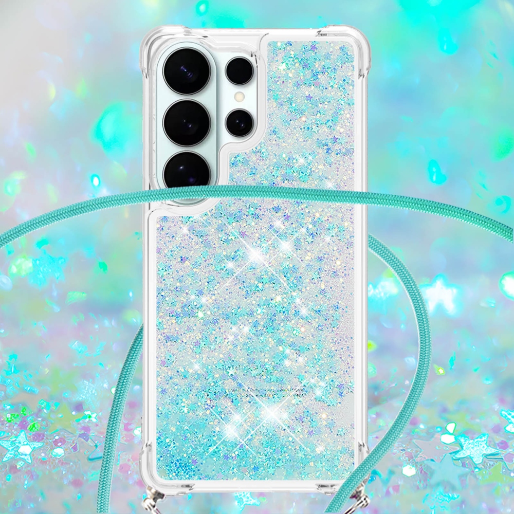 Glitters přesýpací gelový obal se šňůrkou na Samsung Galaxy S26 Ultra - modrý/hvězdičky