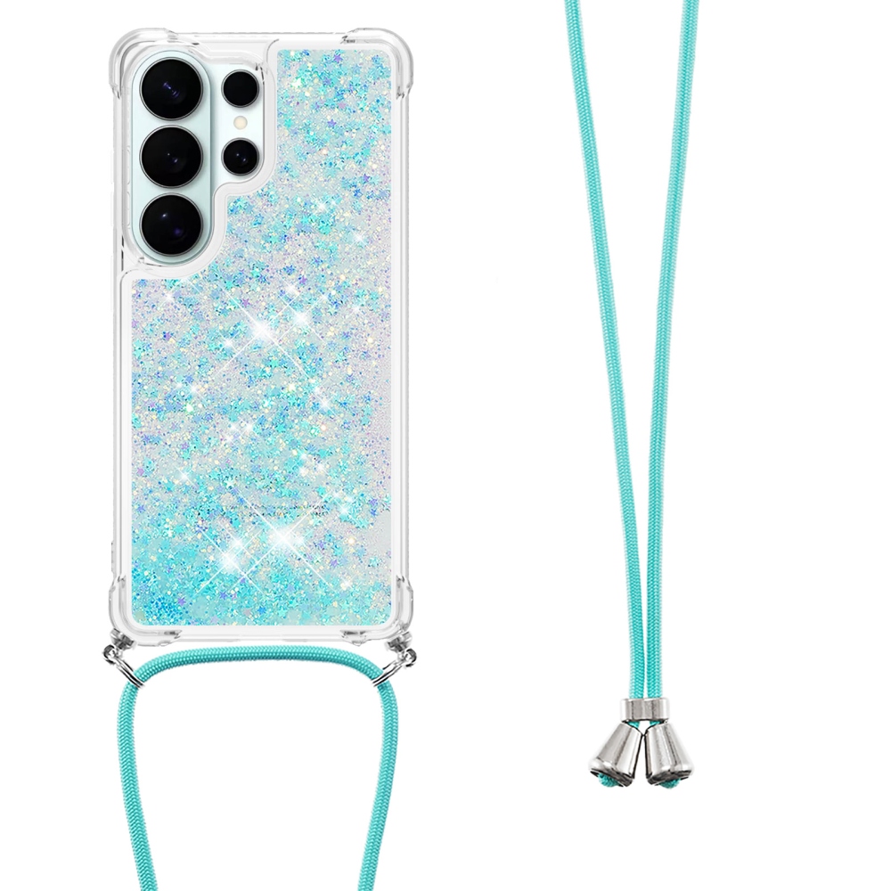 Glitters přesýpací gelový obal se šňůrkou na Samsung Galaxy S26 Ultra - modrý/hvězdičky