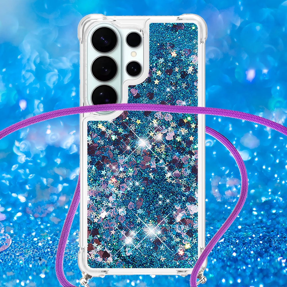 Glitters přesýpací gelový obal se šňůrkou na Samsung Galaxy S26 Ultra - modrý/srdíčka