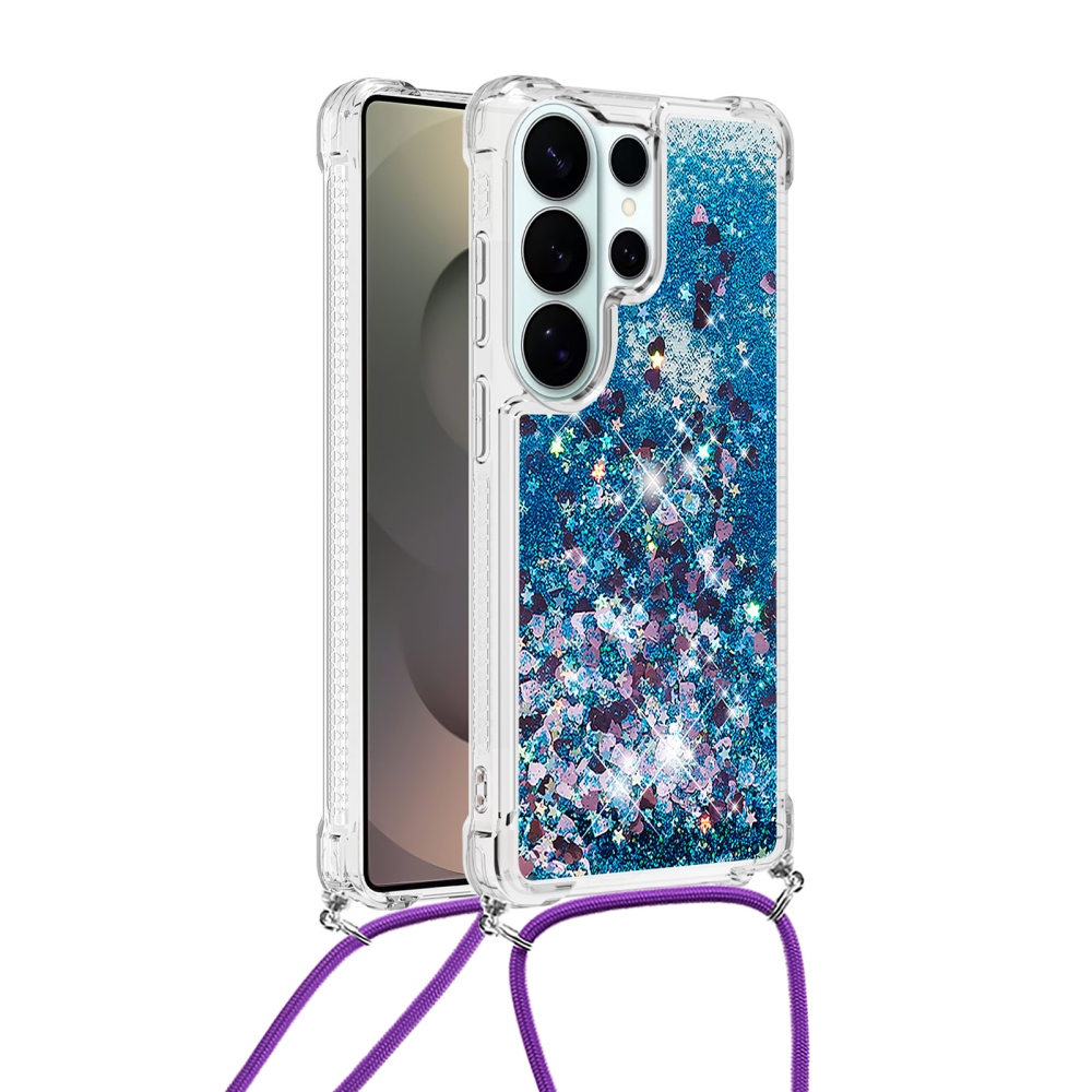 Glitters přesýpací gelový obal se šňůrkou na Samsung Galaxy S26 Ultra - modrý/srdíčka