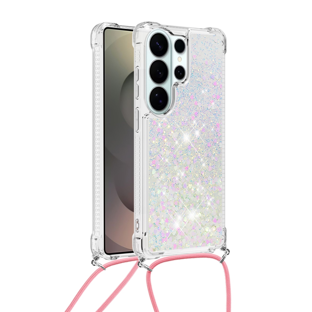 Glitters přesýpací gelový obal se šňůrkou na Samsung Galaxy S26 Ultra - růžovostříbrný/srdíčka