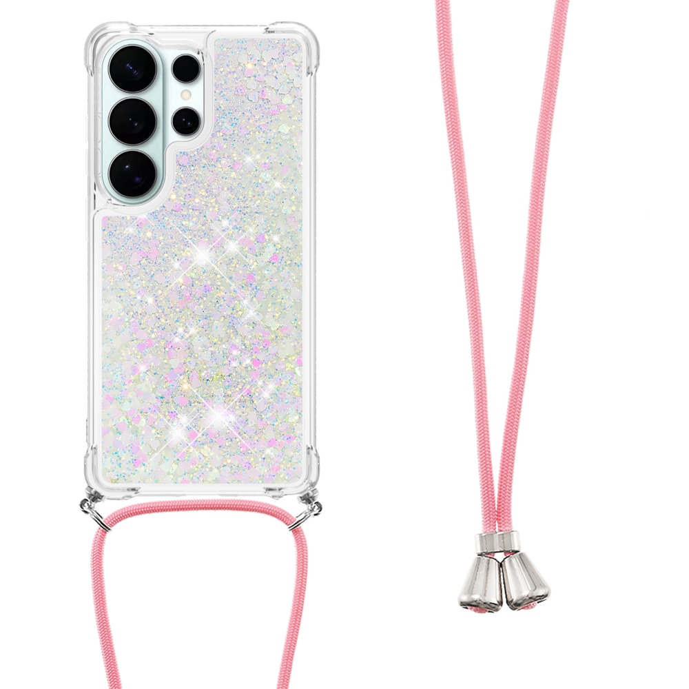 Glitters přesýpací gelový obal se šňůrkou na Samsung Galaxy S26 Ultra - růžovostříbrný/srdíčka