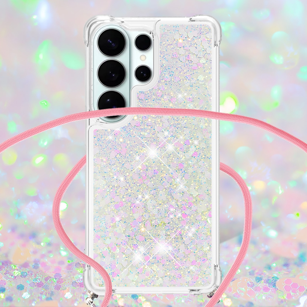 Glitters přesýpací gelový obal se šňůrkou na Samsung Galaxy S26 Ultra - růžovostříbrný/srdíčka