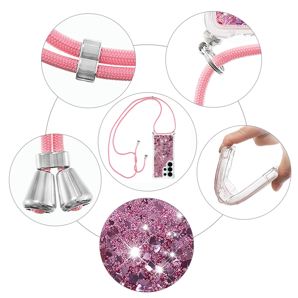 Glitters přesýpací gelový obal se šňůrkou na Samsung Galaxy S26 Ultra - růžovozlatý/srdíčka