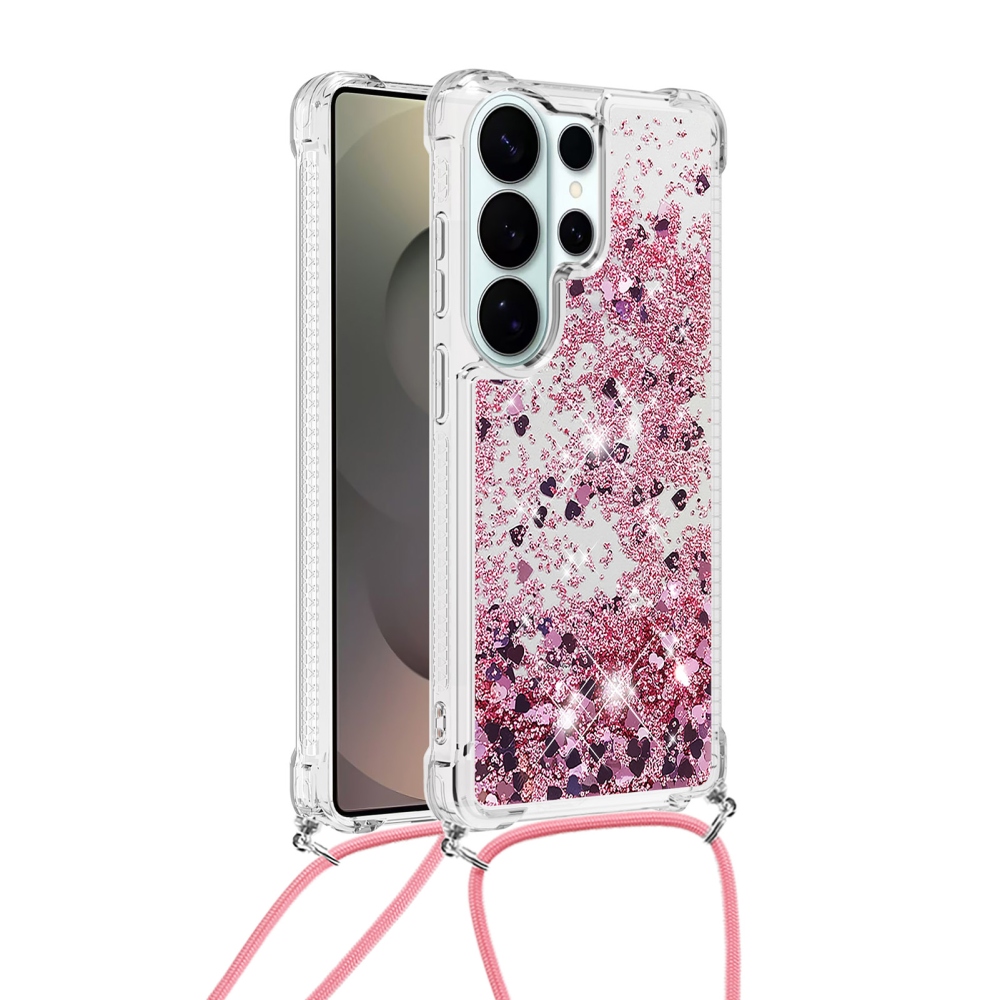 Glitters přesýpací gelový obal se šňůrkou na Samsung Galaxy S26 Ultra - růžovozlatý/srdíčka