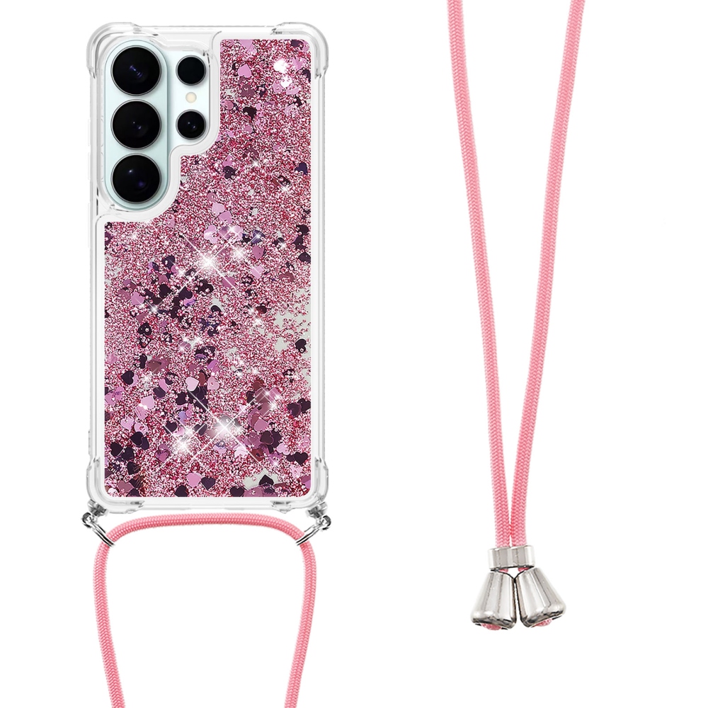 Glitters přesýpací gelový obal se šňůrkou na Samsung Galaxy S26 Ultra - růžovozlatý/srdíčka