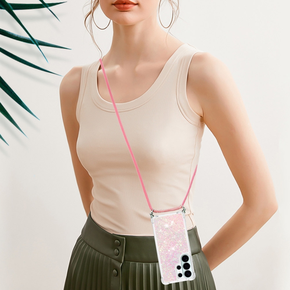 Glitters přesýpací gelový obal se šňůrkou na Samsung Galaxy S26 Ultra - růžový/hvězdičky