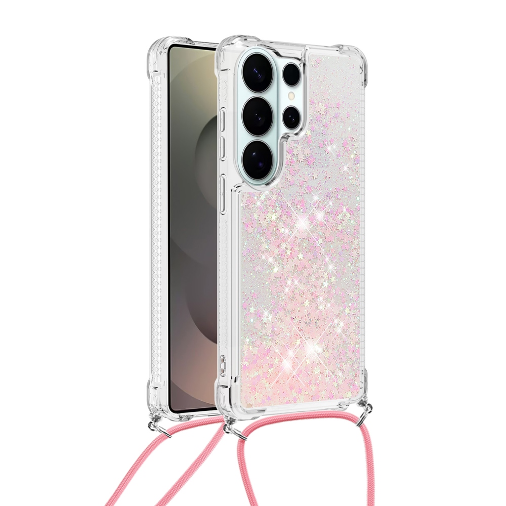 Glitters přesýpací gelový obal se šňůrkou na Samsung Galaxy S26 Ultra - růžový/hvězdičky
