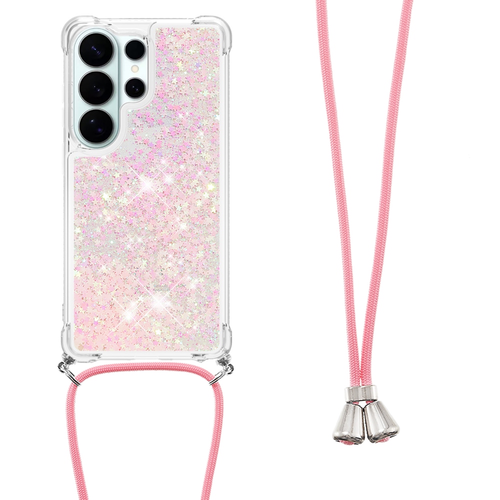 Glitters přesýpací gelový obal se šňůrkou na Samsung Galaxy S26 Ultra - růžový/hvězdičky