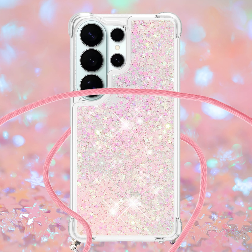 Glitters přesýpací gelový obal se šňůrkou na Samsung Galaxy S26 Ultra - růžový/hvězdičky