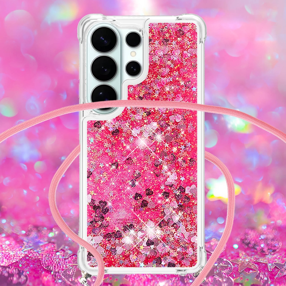 Glitters přesýpací gelový obal se šňůrkou na Samsung Galaxy S26 Ultra - růžový/srdíčka