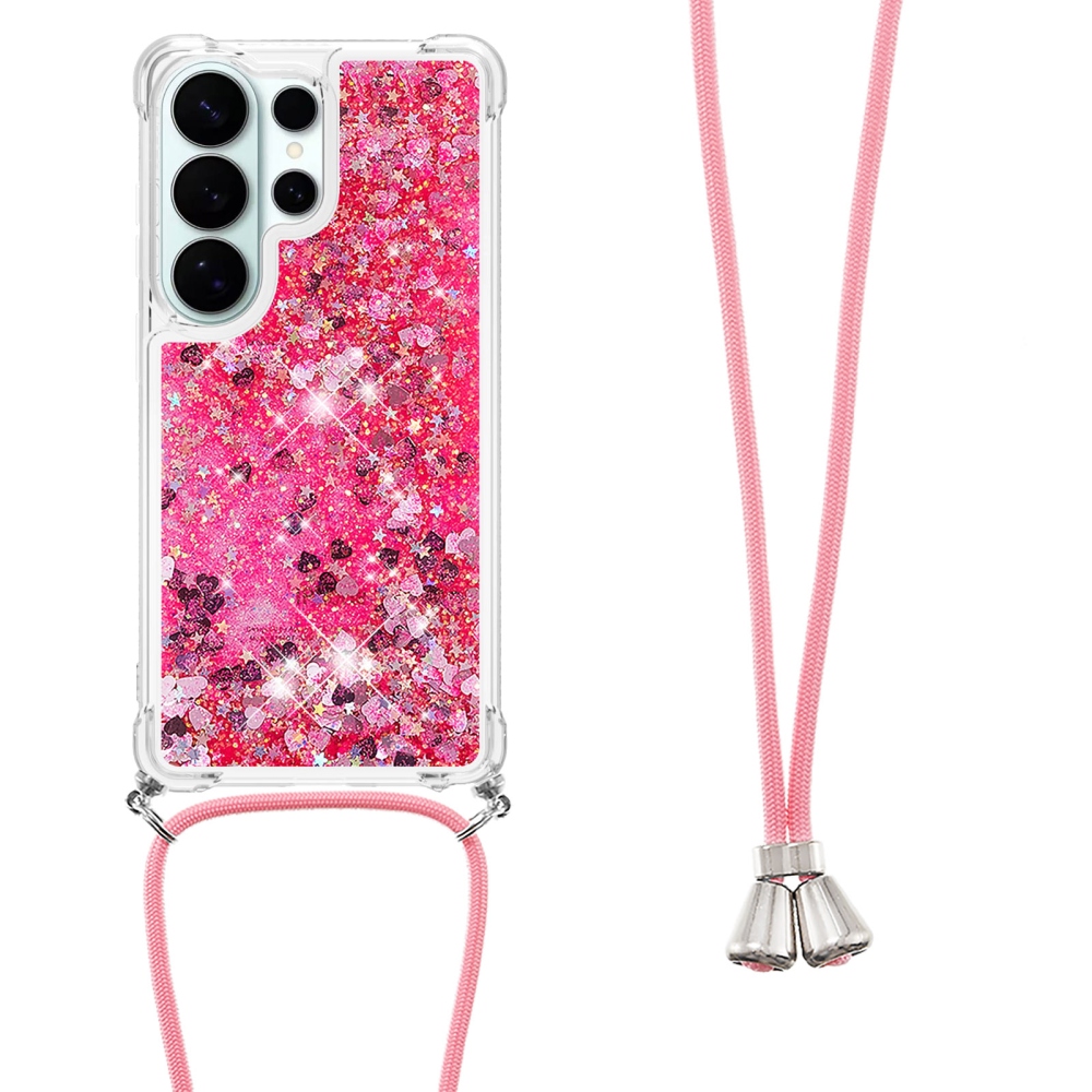 Glitters přesýpací gelový obal se šňůrkou na Samsung Galaxy S26 Ultra - růžový/srdíčka
