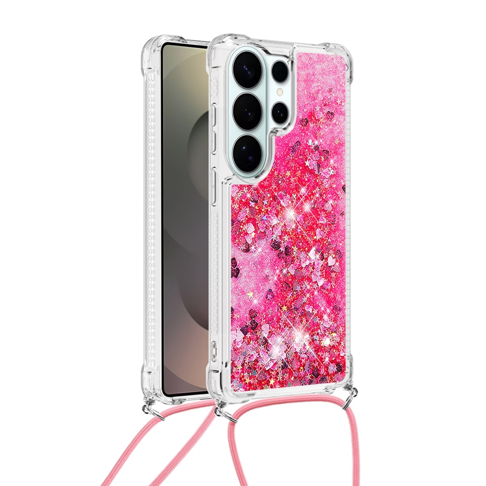 Glitters přesýpací gelový obal se šňůrkou na Samsung Galaxy S26 Ultra - růžový/srdíčka