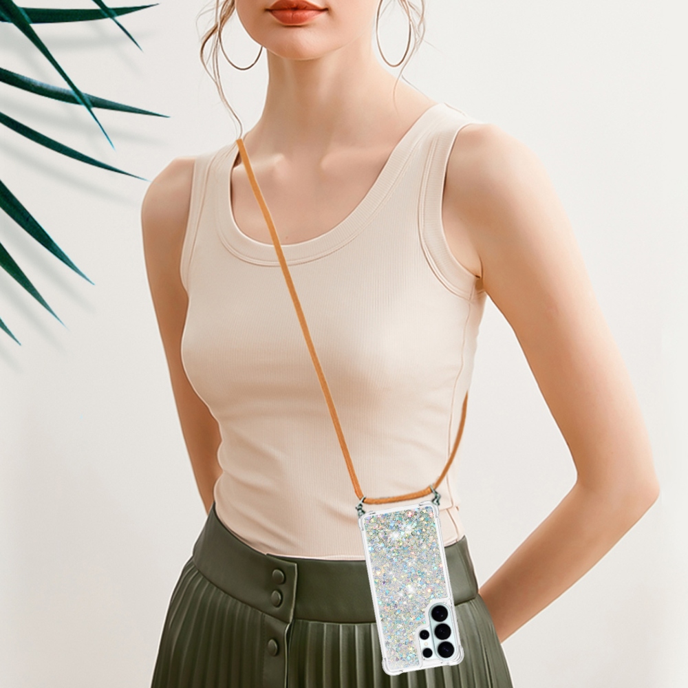 Glitters přesýpací gelový obal se šňůrkou na Samsung Galaxy S26 Ultra - stříbrný/srdíčka