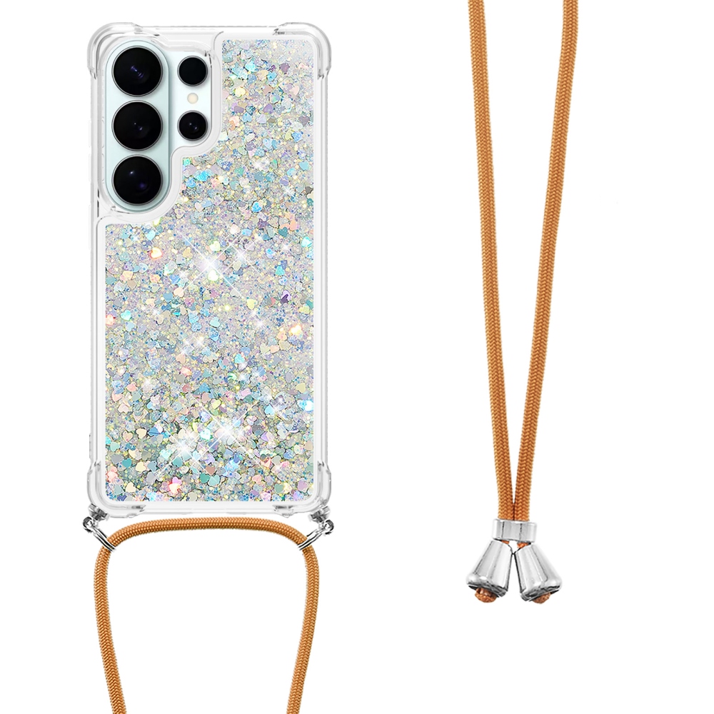 Glitters přesýpací gelový obal se šňůrkou na Samsung Galaxy S26 Ultra - stříbrný/srdíčka