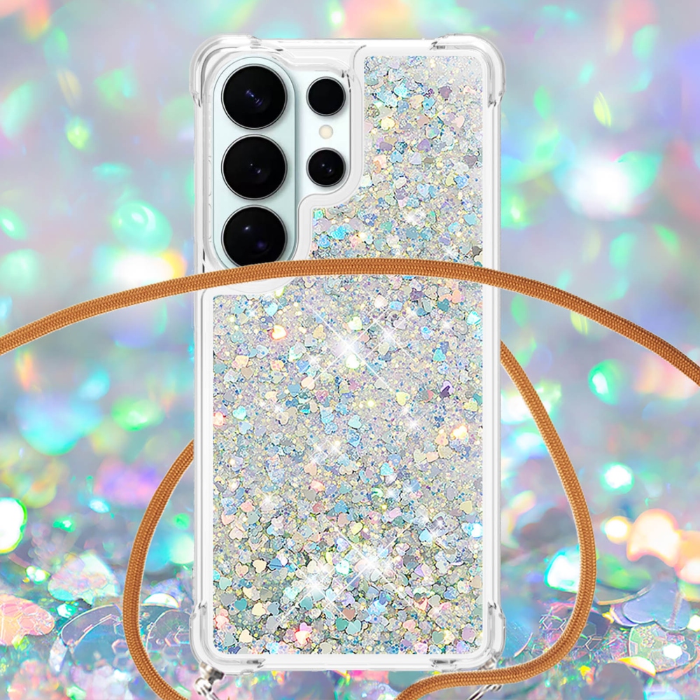 Glitters přesýpací gelový obal se šňůrkou na Samsung Galaxy S26 Ultra - stříbrný/srdíčka