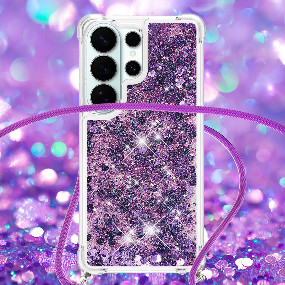 Glitters přesýpací gelový obal se šňůrkou na Samsung Galaxy S26 Ultra - tmavěfialový/srdíčka
