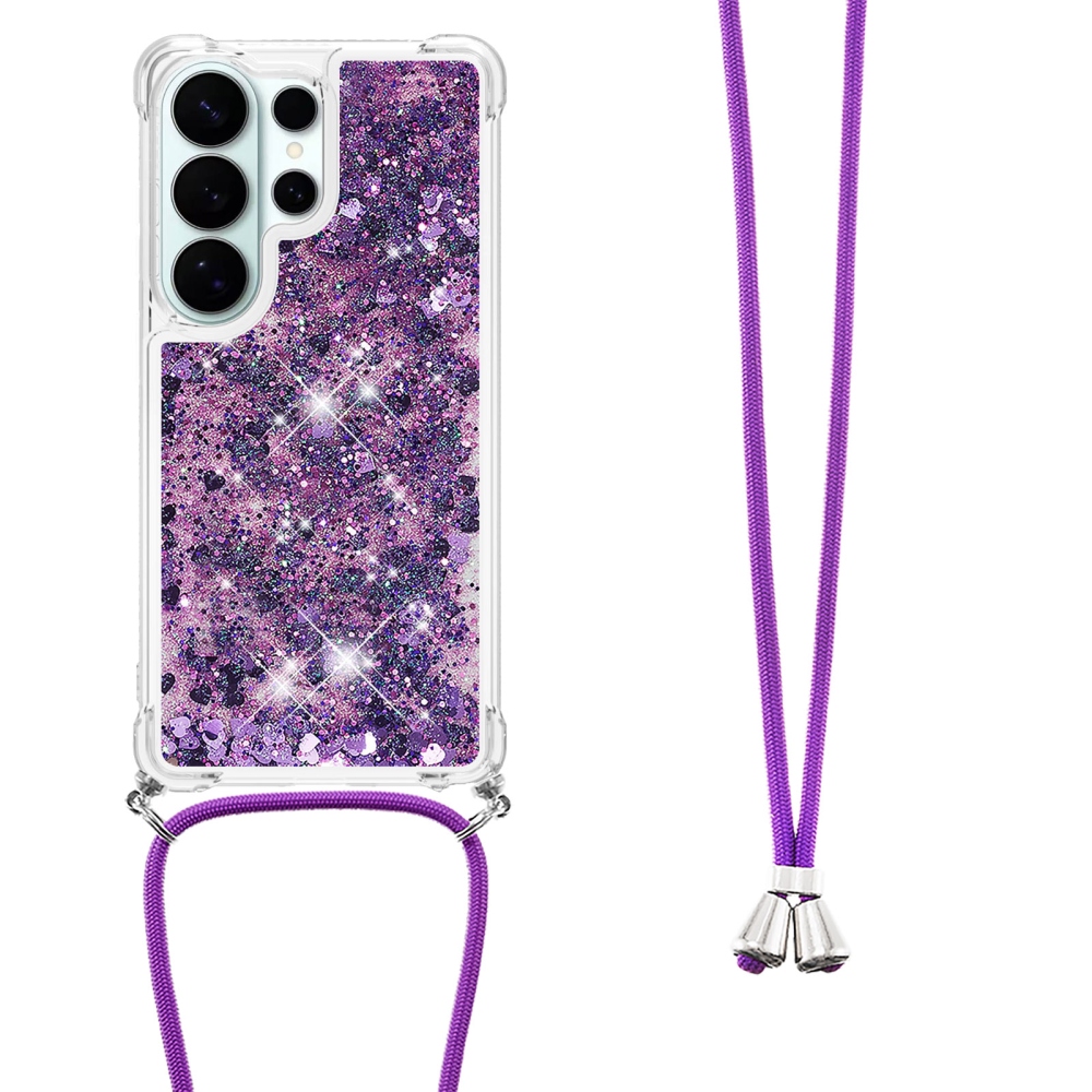 Glitters přesýpací gelový obal se šňůrkou na Samsung Galaxy S26 Ultra - tmavěfialový/srdíčka