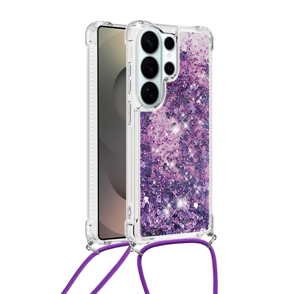 Glitters přesýpací gelový obal se šňůrkou na Samsung Galaxy S26 Ultra - tmavěfialový/srdíčka