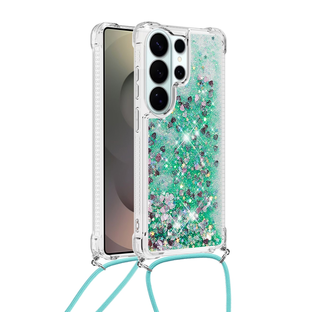 Glitters přesýpací gelový obal se šňůrkou na Samsung Galaxy S26 Ultra - zelený/srdíčka