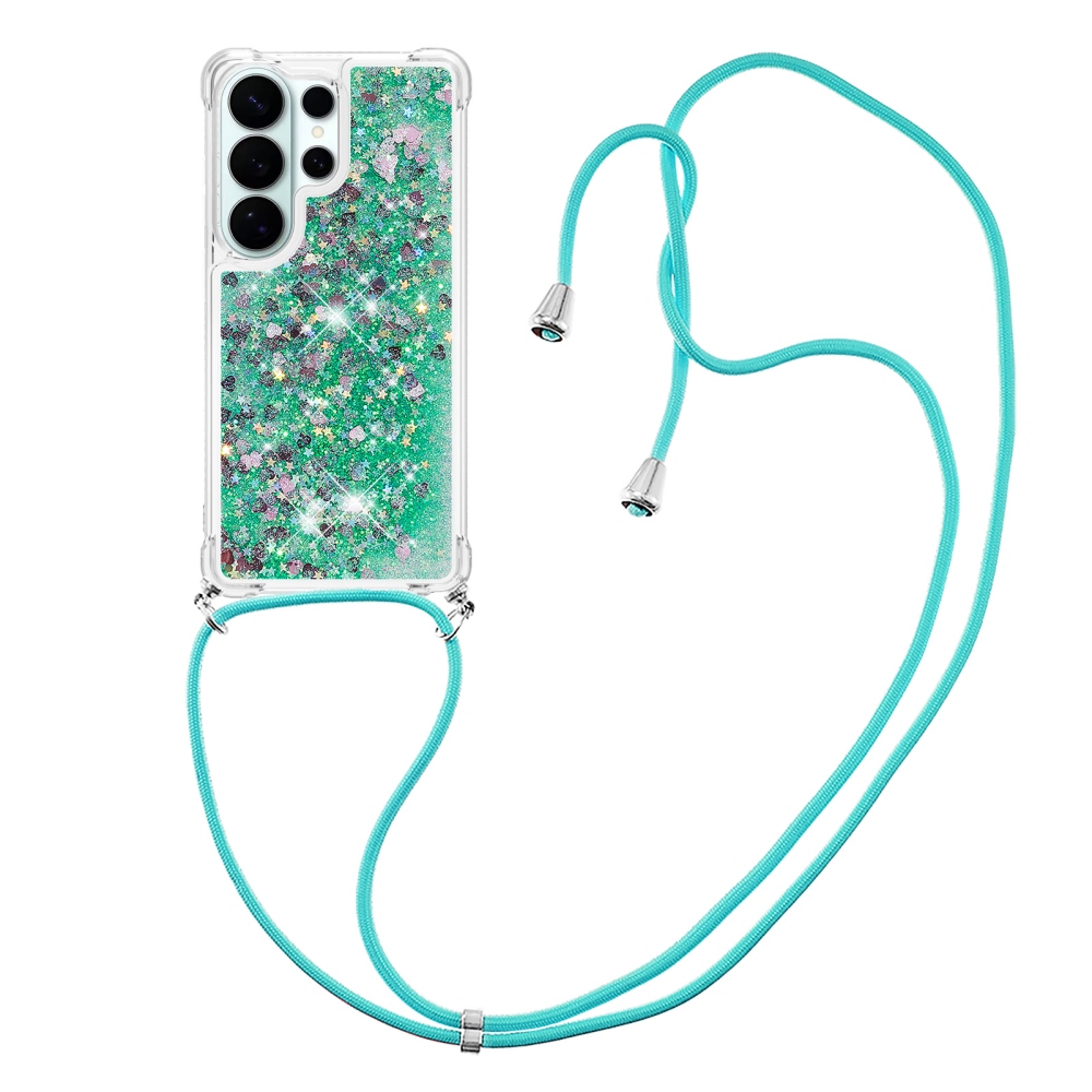 Glitters přesýpací gelový obal se šňůrkou na Samsung Galaxy S26 Ultra - zelený/srdíčka
