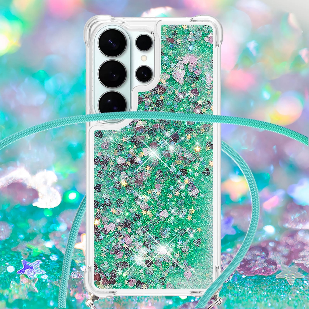 Glitters přesýpací gelový obal se šňůrkou na Samsung Galaxy S26 Ultra - zelený/srdíčka
