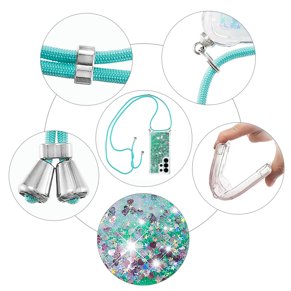 Glitters přesýpací gelový obal se šňůrkou na Samsung Galaxy S26 Ultra - zelený/srdíčka