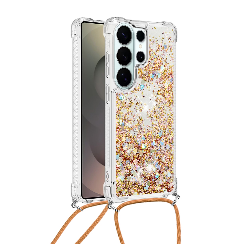 Glitters přesýpací gelový obal se šňůrkou na Samsung Galaxy S26 Ultra - zlatý/srdíčka