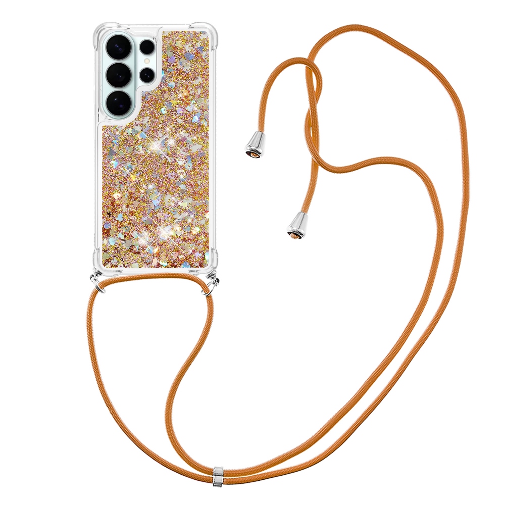 Glitters přesýpací gelový obal se šňůrkou na Samsung Galaxy S26 Ultra - zlatý/srdíčka