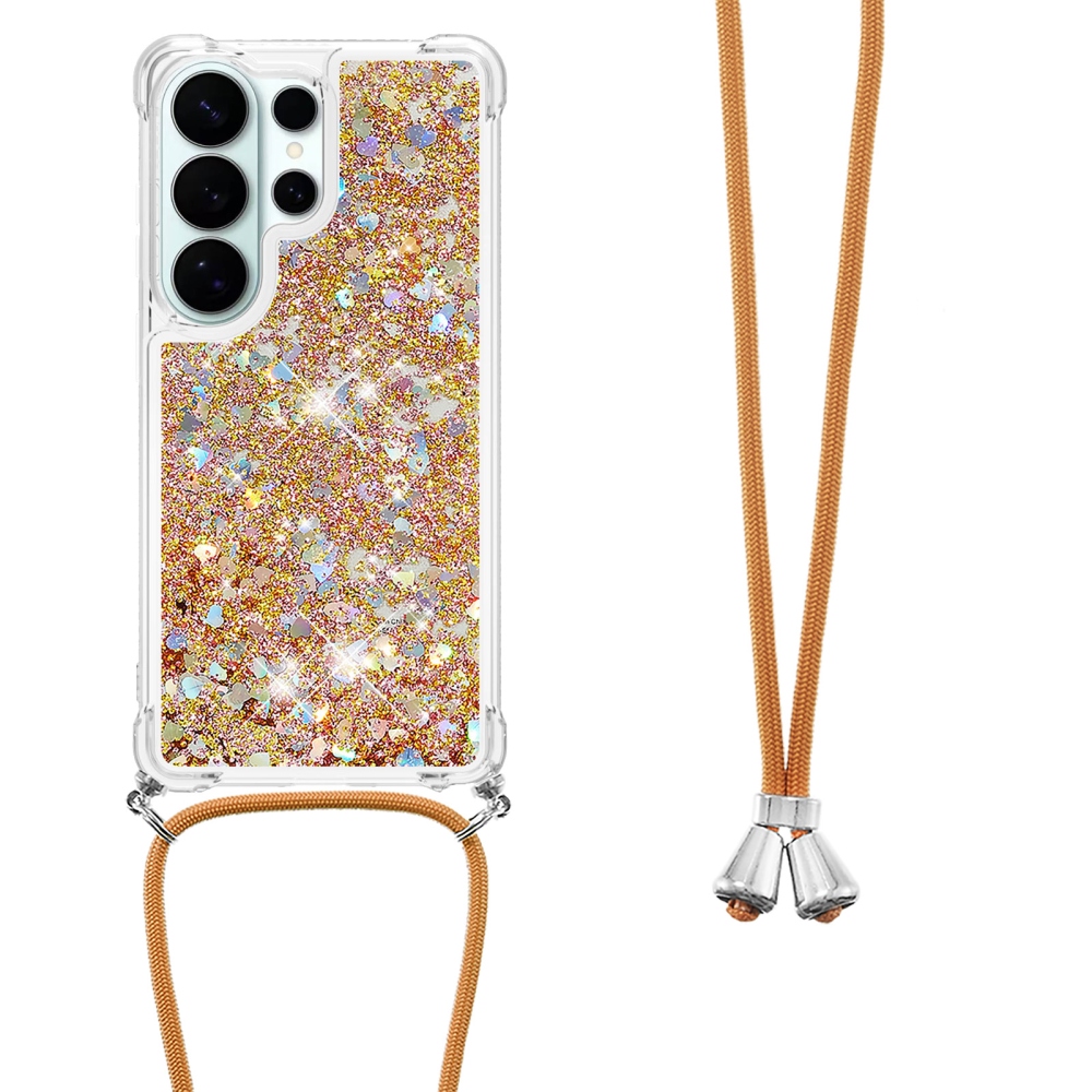 Glitters přesýpací gelový obal se šňůrkou na Samsung Galaxy S26 Ultra - zlatý/srdíčka