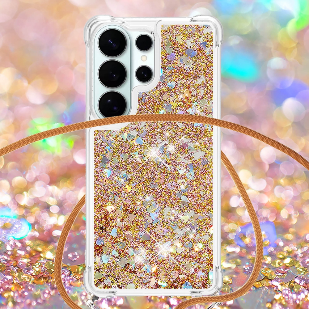 Glitters přesýpací gelový obal se šňůrkou na Samsung Galaxy S26 Ultra - zlatý/srdíčka