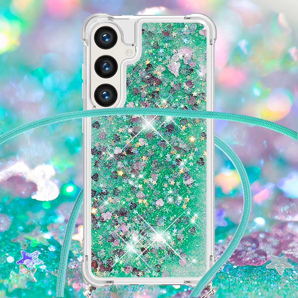 Glitters přesýpací gelový obal se šňůrkou na Samsung Galaxy S26+ - zelený/srdíčka