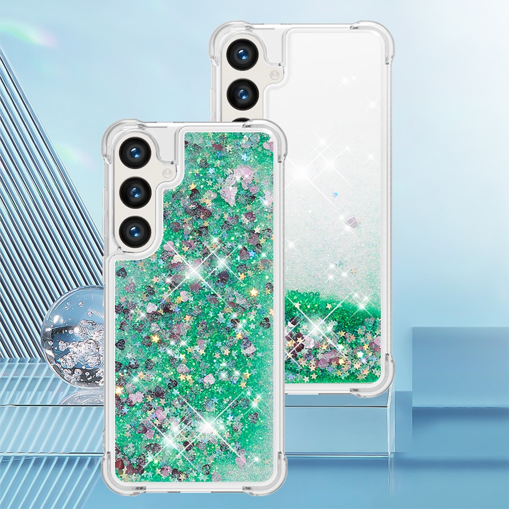 Glitters přesýpací gelový obal se šňůrkou na Samsung Galaxy S26+ - zelený/srdíčka